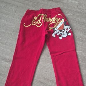 Ed Hardy Red Joggers with Gold and White Skull Design